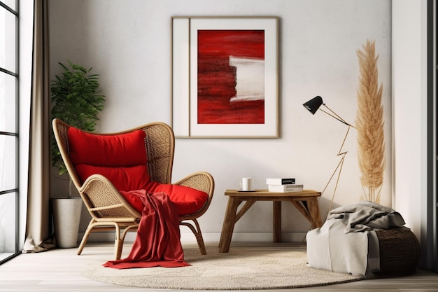 Una sala de estar con una silla roja y una mesa de café.