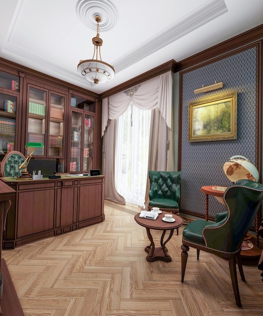 una sala de estar con una silla verde y una mesa con una lámpara en ella
