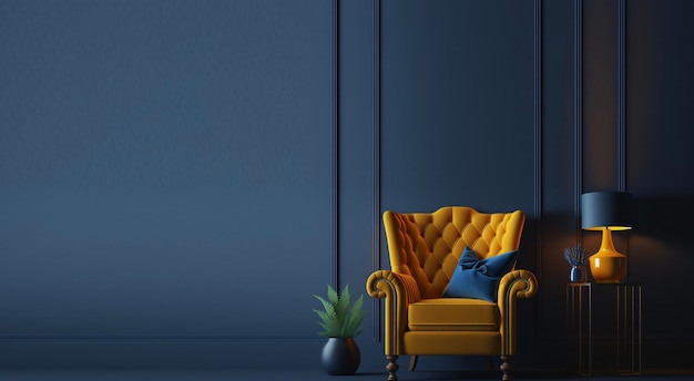 Sala de estar con sillón amarillo sobre fondo de pared azul oscuro vacío