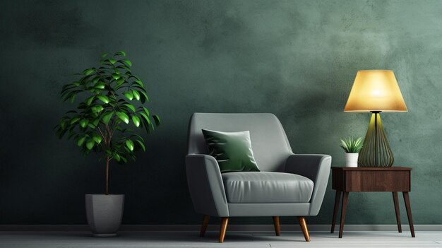 Foto sala de estar con sillón gris en el fondo vacío de la pared de color verde oscuro