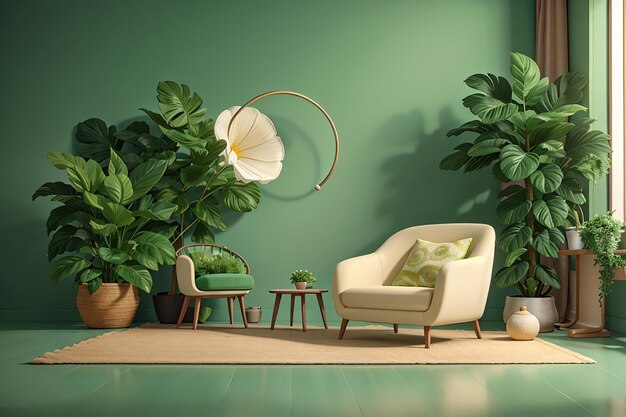 Foto sala de estar con sillón de tela de color crema y plantas en un fondo de pared verde vacío