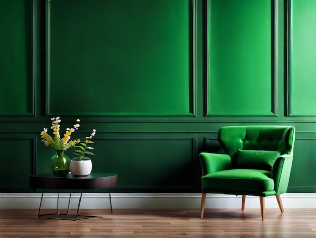 Sala de estar con sillón verde en el fondo vacío de la pared de color verde oscuro