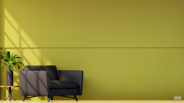 Sala de estar con sillones negros contra un fondo de pared amarillo en blanco, representación 3d