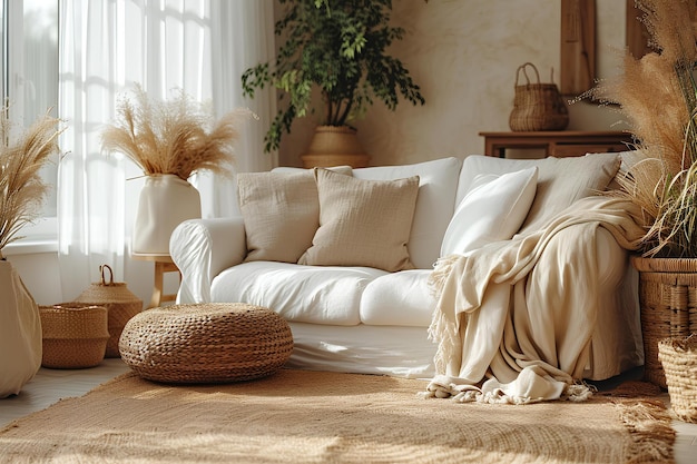 Una sala de estar con un sofá y una alfombra en el suelo y una planta en maceta en el suelo