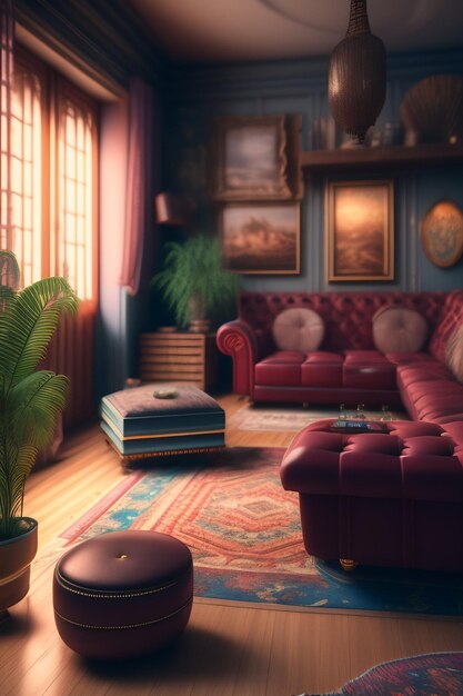 Una sala de estar con un sofá y una alfombra