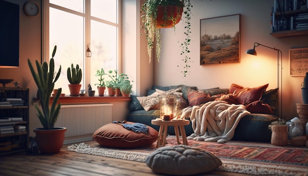 Foto una sala de estar con un sofá y almohadas y una planta en la pared.