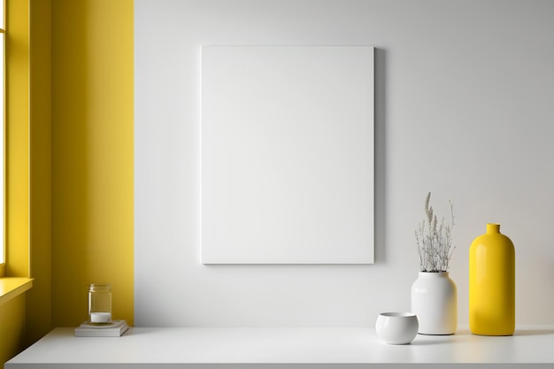 Una sala de estar con un sofá amarillo y una mesa blanca con un reloj blanco encima.