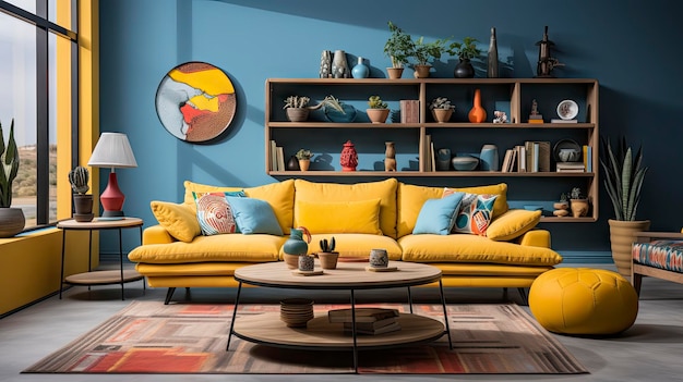 una sala de estar con un sofá amarillo y una mesa de café con un sofà amarillo y un sofá de café.