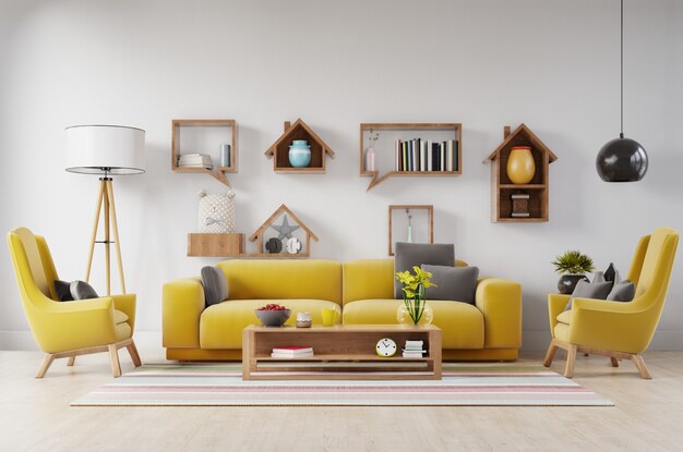 Sala de estar con sofá amarillo de tela, sillón amarillo, lámpara y planta verde en florero