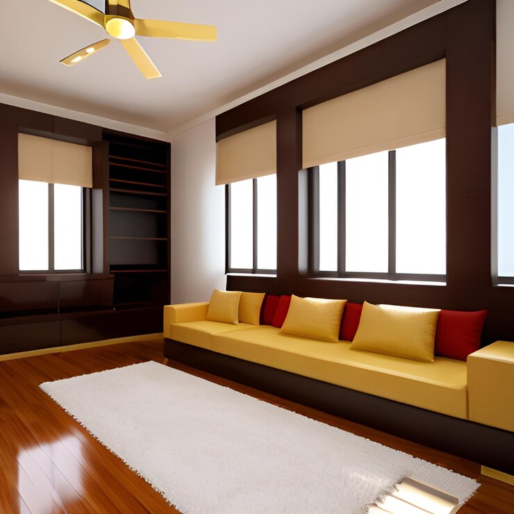 Una sala de estar con un sofá amarillo y una ventana con las persianas abiertas.