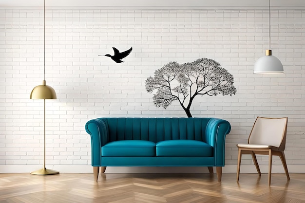 Una sala de estar con un sofá y un árbol en la pared.