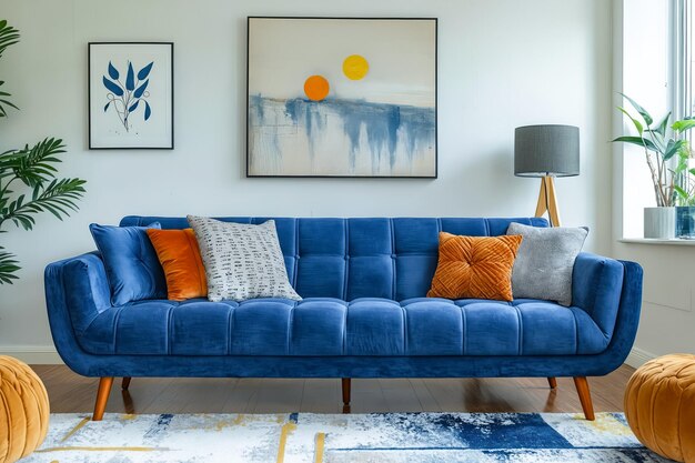 una sala de estar con un sofá azul y almohadas naranjas