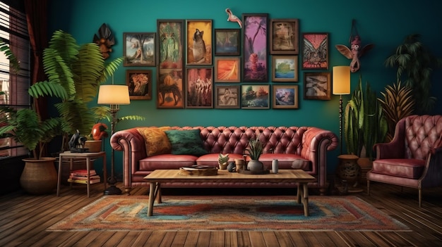 Una sala de estar con un sofá azul y un cuadro de un árbol en la pared.