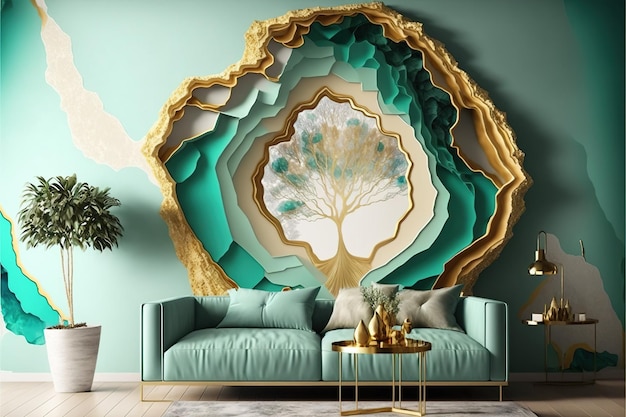 Una sala de estar con un sofá azul y un espejo dorado IA generativa