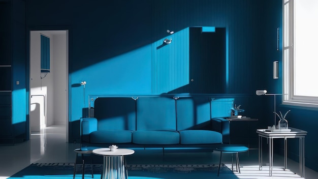 Una sala de estar con un sofá azul y una mesa de café.