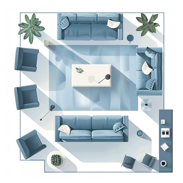 una sala de estar con un sofá azul y una mesa de café