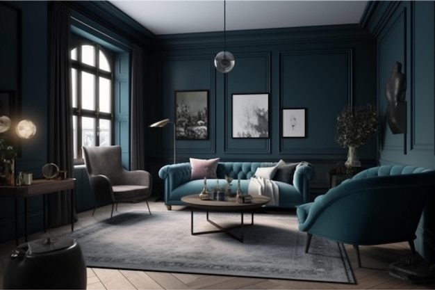 Una sala de estar con un sofá azul y una mesa de café.