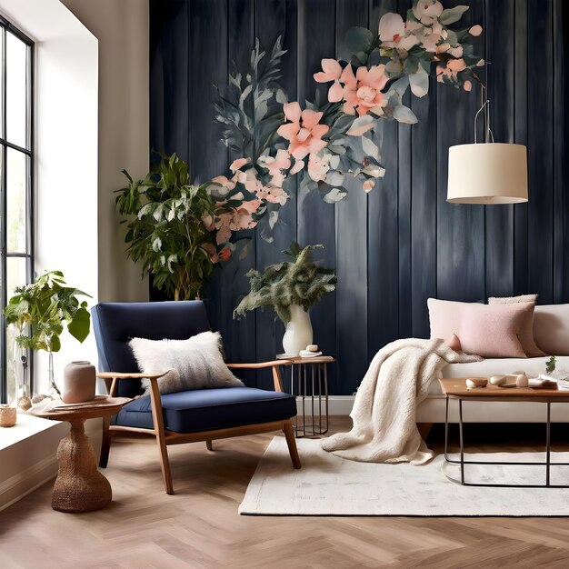 una sala de estar con un sofá azul y rosa y una mesa con flores en ella