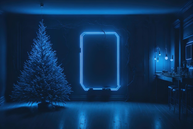 Una sala de estar con un sofá azul y un televisor que dice 'luz azul'