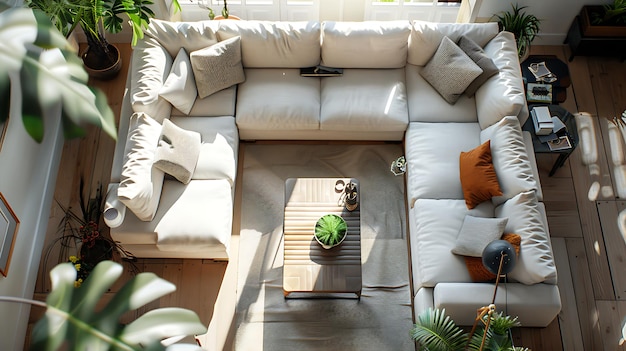 una sala de estar con un sofá blanco y un cactus verde en la mesa