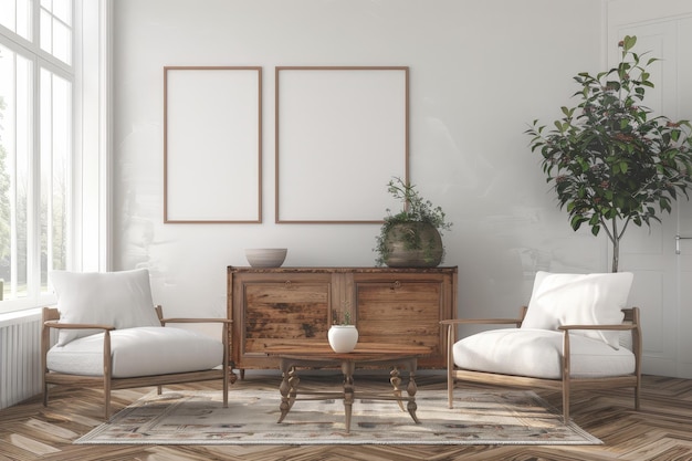 Una sala de estar con un sofá blanco y dos sillas una mesa de café