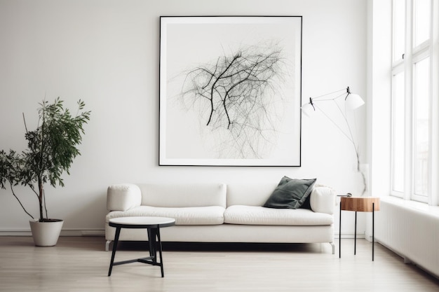 Una sala de estar con un sofá blanco y una imagen de ai generativa de plantas.