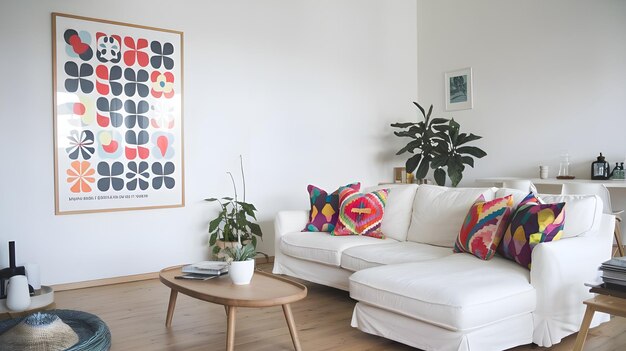 una sala de estar con un sofá blanco y una imagen colorida colgando por encima de él