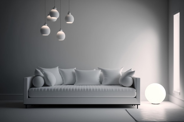 Una sala de estar con un sofá blanco y una lámpara.