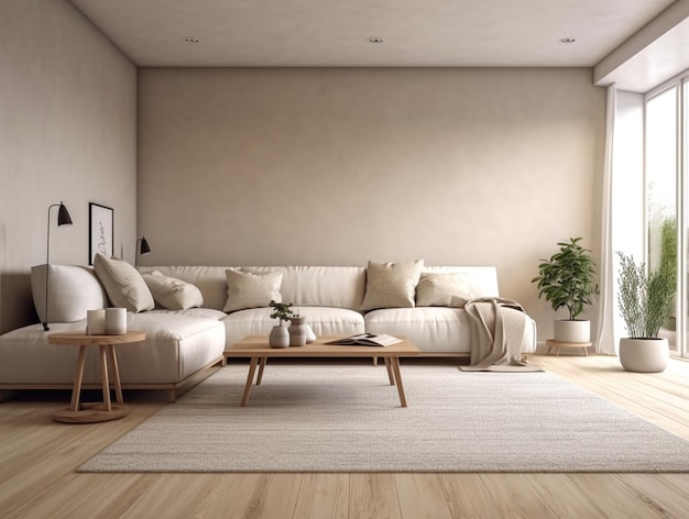 Una sala de estar con un sofá blanco y una mesa de café frente a una pared que tiene una planta.
