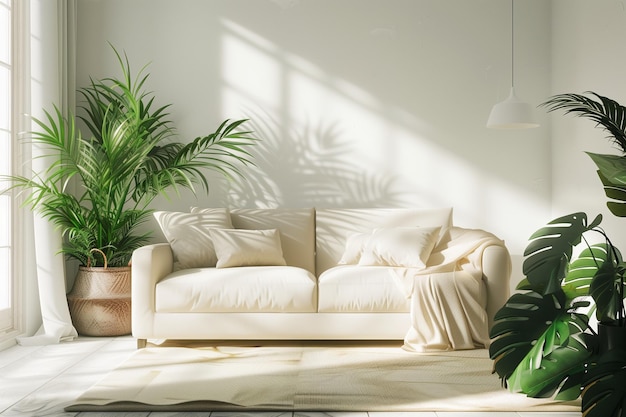 Foto una sala de estar con un sofá blanco y un montón de plantas en maceta