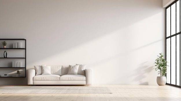 Una sala de estar con un sofá blanco y una pared blanca.