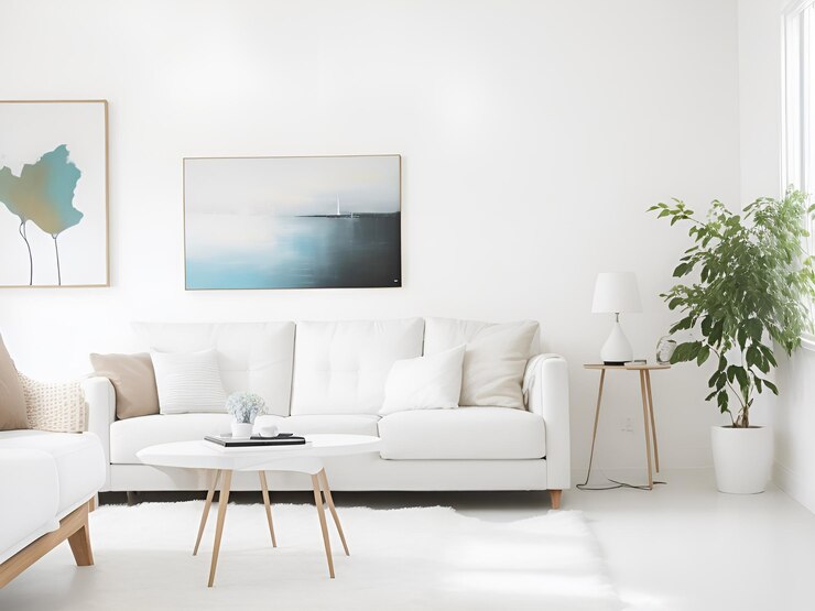 una sala de estar con un sofá blanco y una pintura en la pared