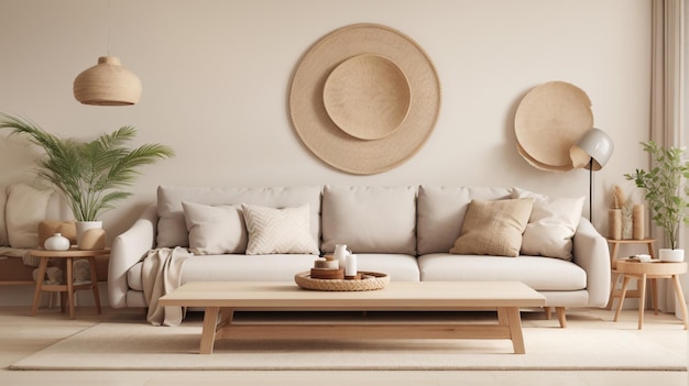 una sala de estar con un sofá blanco y un sombrero grande en la pared