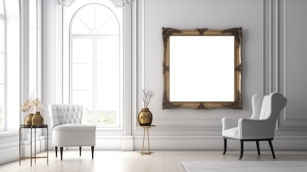 Una sala de estar con un sofá blanco y una ventana con un sofa blanco y una silla blanca.