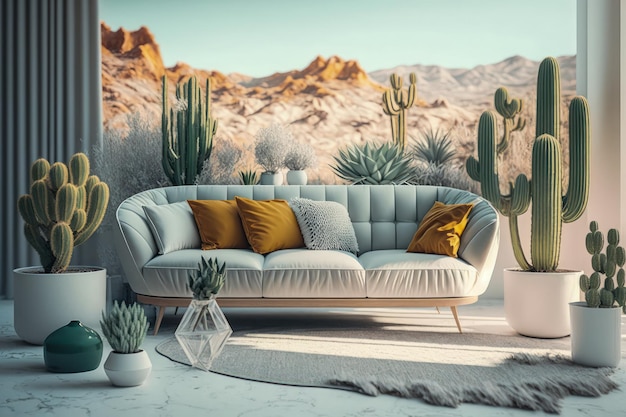 Sala de estar con sofá cactus y ventana IA generativa