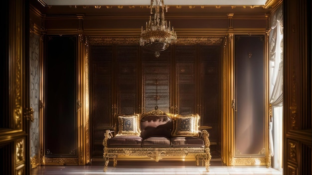 Una sala de estar con un sofá y un candelabro que dice 'oro'