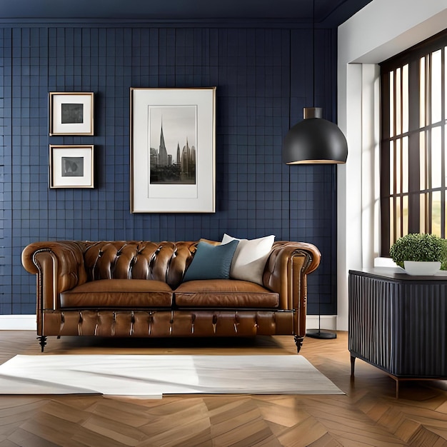 Una sala de estar con un sofá Chesterfield de cuero y una pared en blanco con un ambiente cálido estilo americano de los años 80