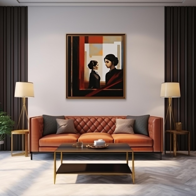 una sala de estar con un sofá y un cuadro de dos personas en la pared.