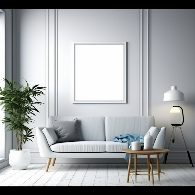 Una sala de estar con un sofá y un cuadro en la pared.