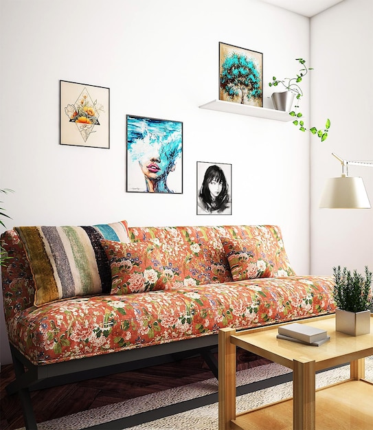 Una sala de estar con un sofá y cuadros en la pared.
