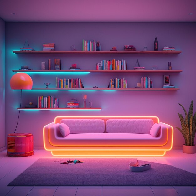 una sala de estar con un sofá y un estante de libros vibrante