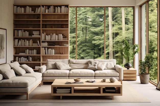 Una sala de estar con sofá, estantería, estanterías y una librería.