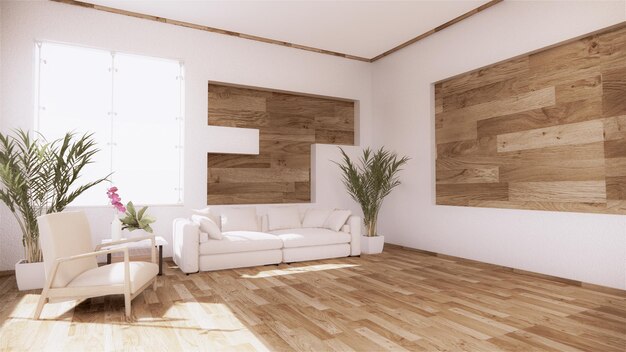 Una sala de estar con un sofá en un estilo minimalista Sala de estar de estilo tropical blanco con piso de grano de maderaxA3D renderización