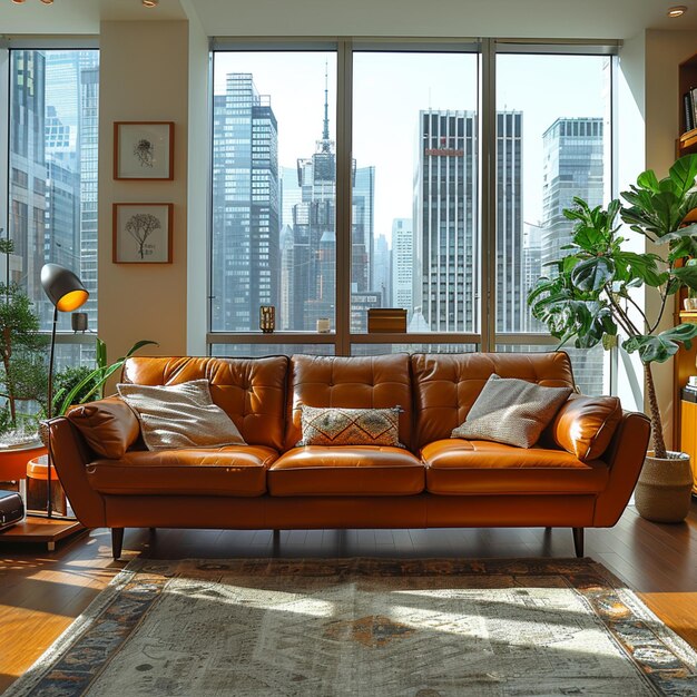 Foto una sala de estar con un sofá y una gran ventana con vistas a la ciudad