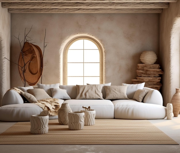 Una sala de estar con un sofá grande y una ventana grande con una rama de árbol redonda.