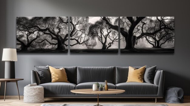 Foto Real De Una Pintura En Una Pared Gris En Un Interior Elegante De La  Sala De Estar Con Un Sofá Y Una Mesa Redonda Imagen de archivo - Imagen de  pintura