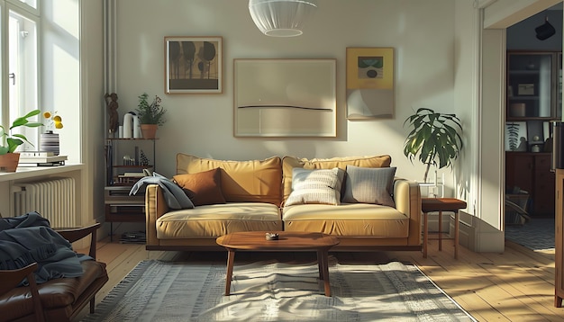 una sala de estar con un sofá y una imagen en la pared