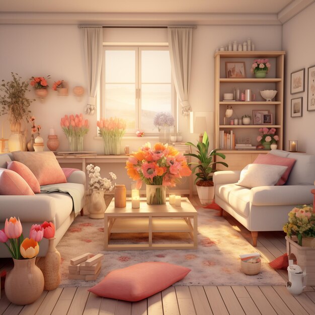 Foto una sala de estar con un sofá un jarrón de flores un jarrón en forma de flores y un jarrón con tulipanes