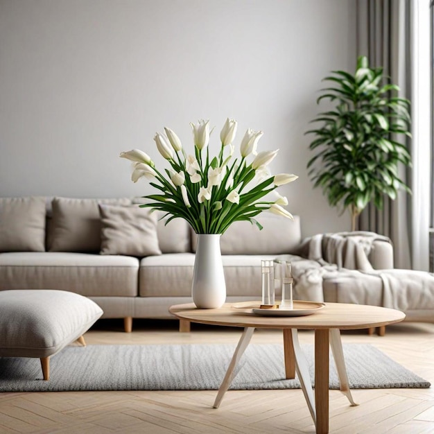 una sala de estar con un sofá un jarrón con flores y un jarrón Con la palabra tulipanes en él