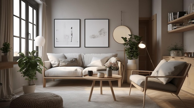 Una sala de estar con un sofá, una lámpara, una lámpara y una lámpara.